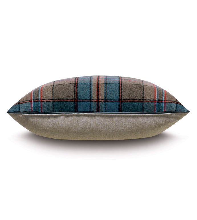 The Rudy Plaid Euro Sham by Eastern Accents features a blue, brown, and red Hamish Toast plaid front with a solid light beige reverse, shown on a white background—a distinctive decorative cushion for any space.