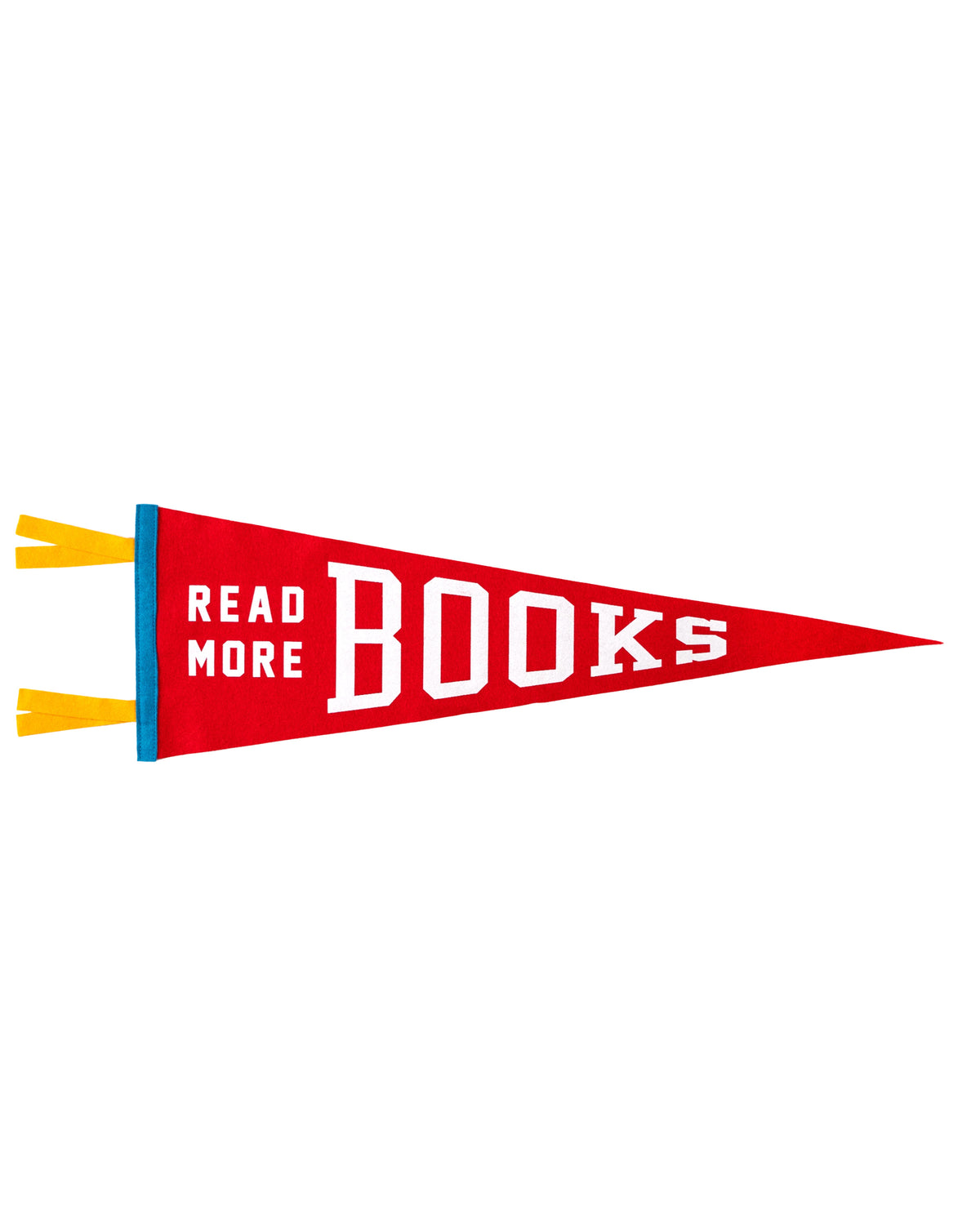 The Faire "Read More Books Pennant" is a red flag with blue trim, yellow tassels, and bold white lettering—a great accent for book lovers who want to showcase their passion for reading.