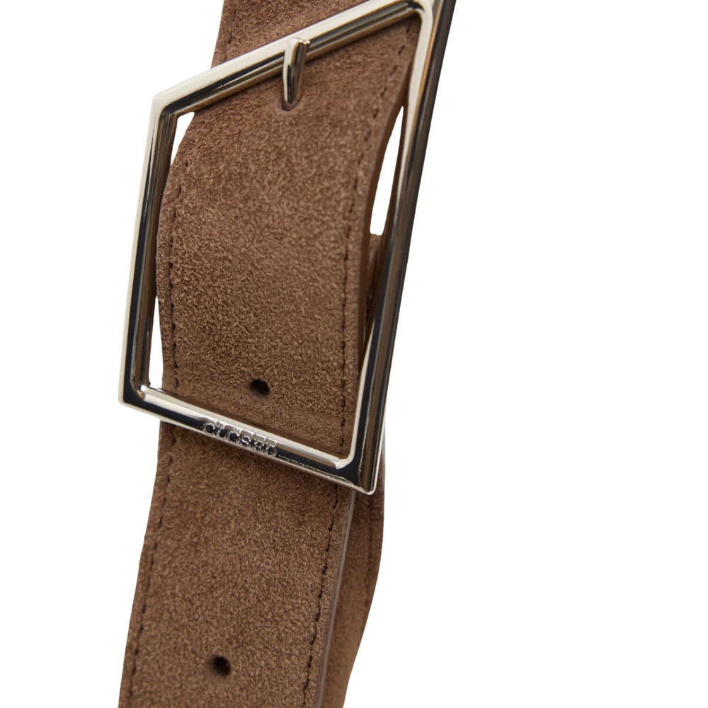Brown suede Halfmoon Bag M with silver buckle by CLOSED on a white background.
