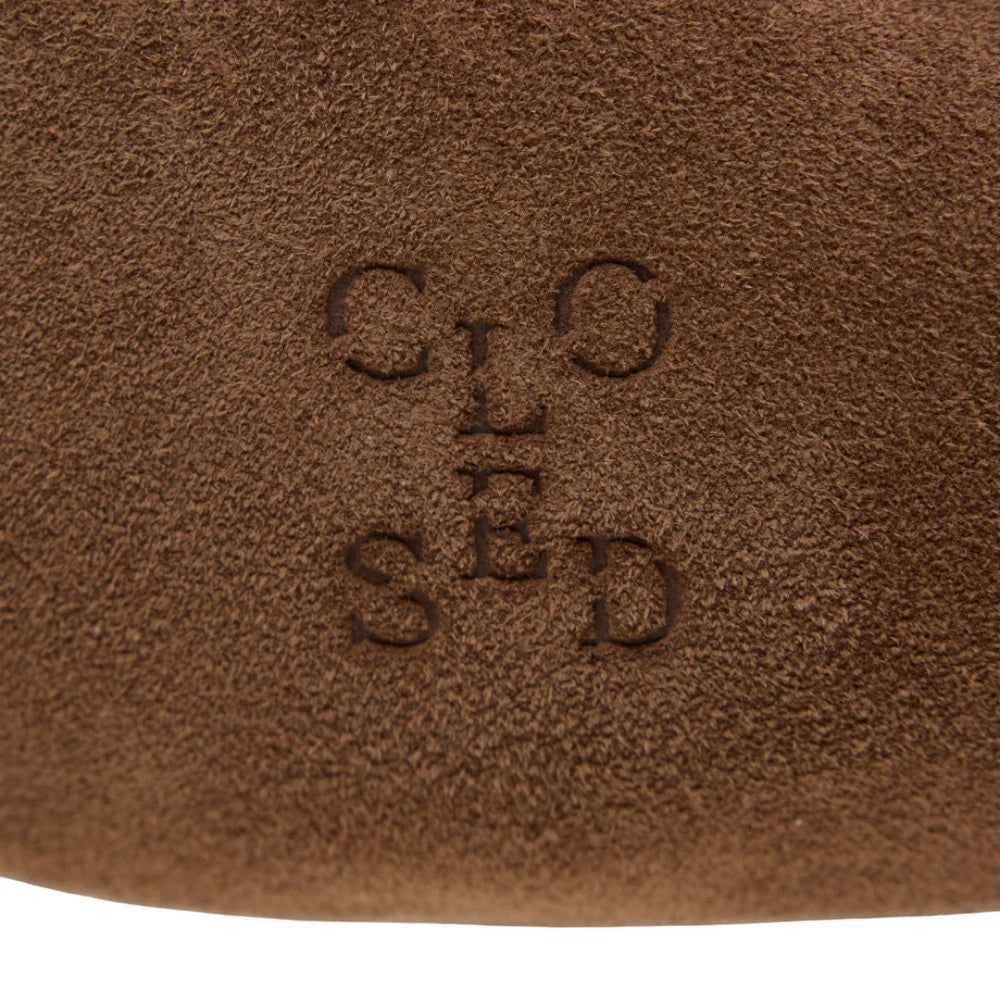 Brown suede CLOSED Halfmoon Bag M with logo detail and adjustable shoulder strap, by Bungalow Furniture &amp; Accessories.