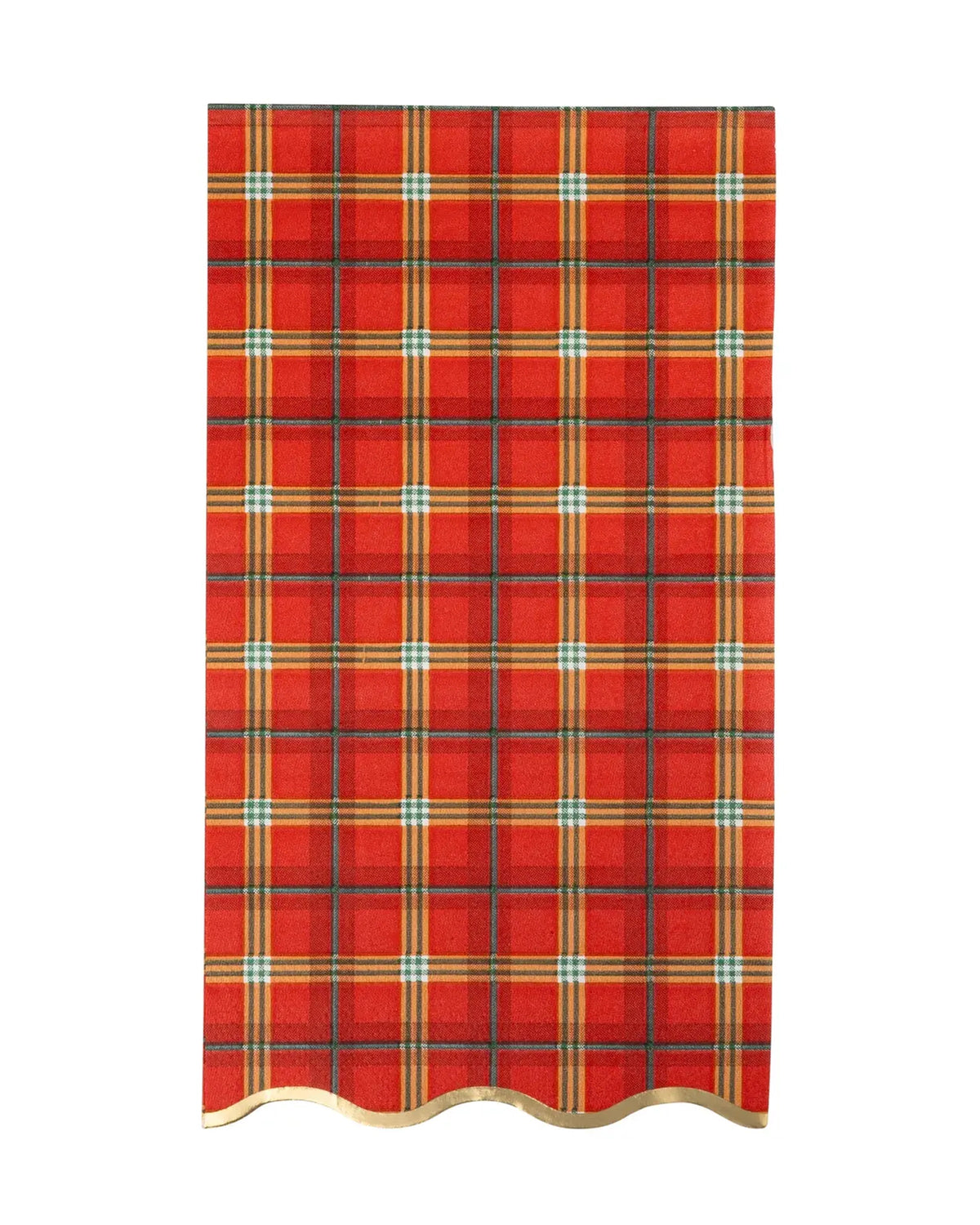Red plaid dinner napkin featuring a metallic gold scalloped edge from Bungalow Furniture & Accessories.