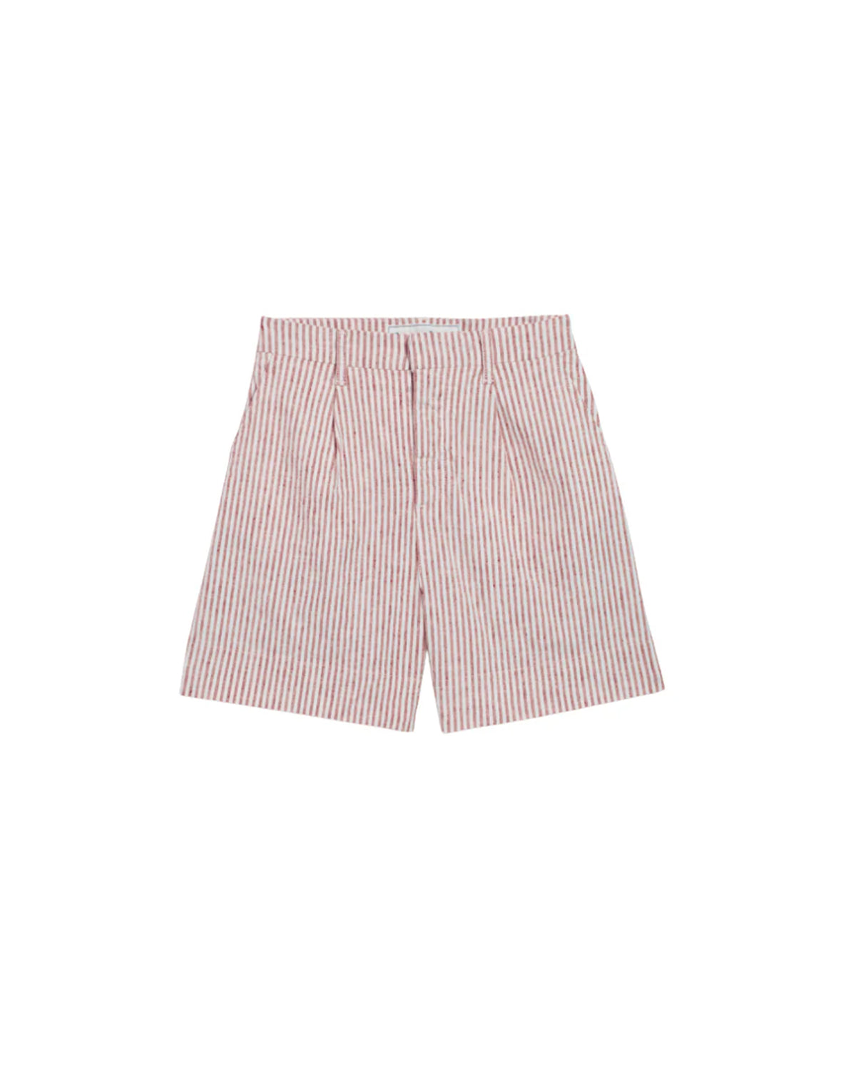 Frank & Eileen Waterford Short in red and white vertical stripes, tailored wide-leg fit with front pleats and side pockets, shown on a white background.