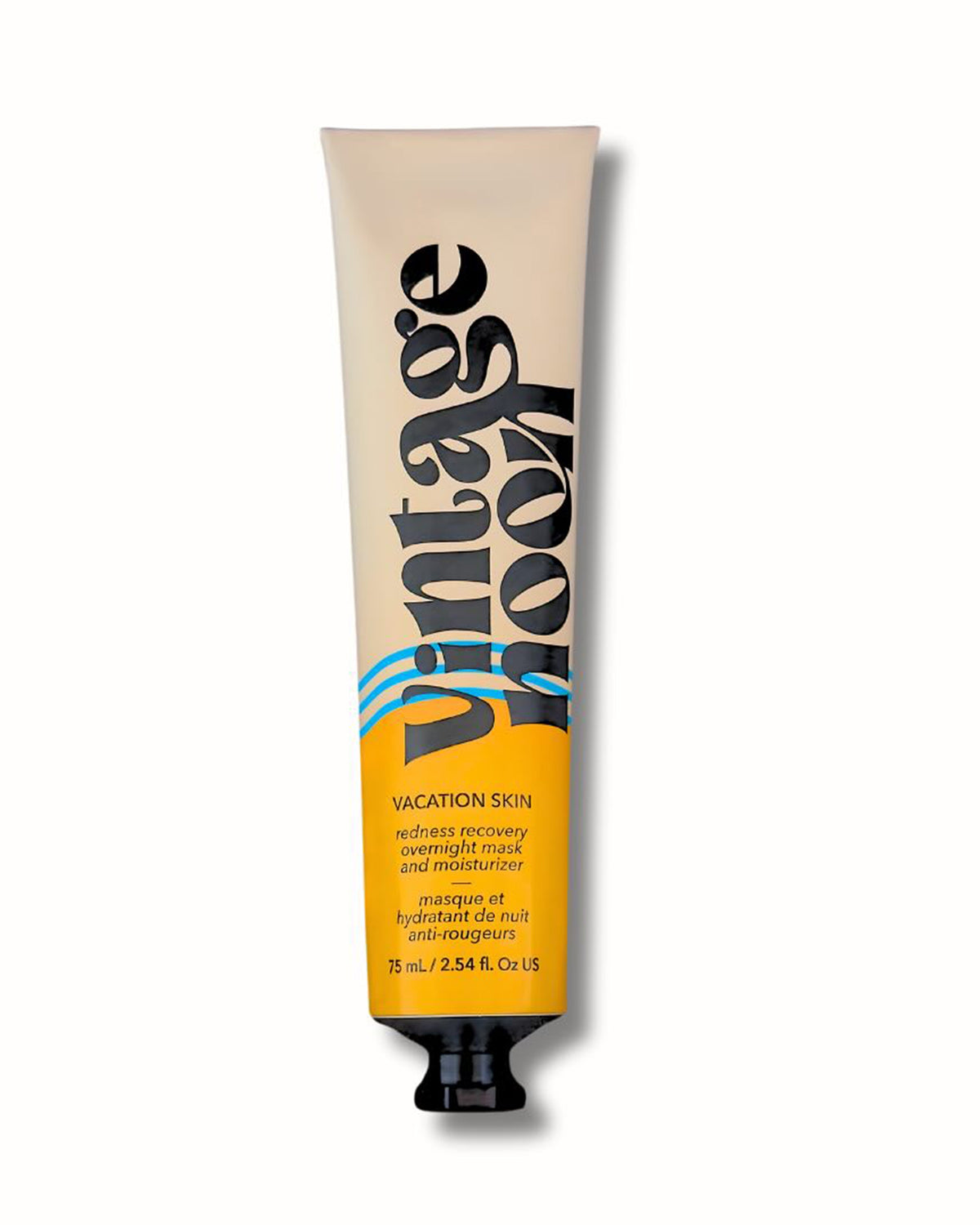 The beige and yellow 75ml tube of Vaca Skin Redness Recovery by Faire is an overnight mask and moisturizer for sensitive skin, featuring black text and a black cap. It hydrates and soothes redness for a healthy glow.