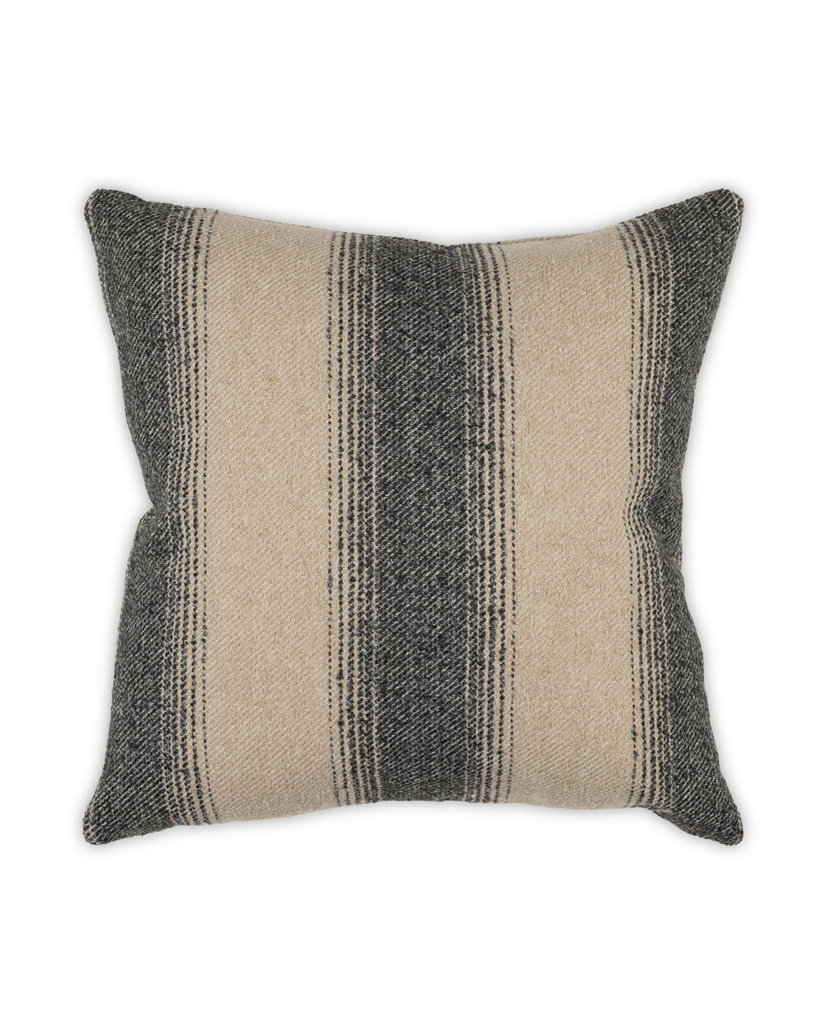The Reed 24x24 Pillow by Moss Studio features wide beige and dark gray stripes on a white background with pointed corners. Its tweedy weave and modern farmhouse stripe design add neutral, rustic charm to any space.
