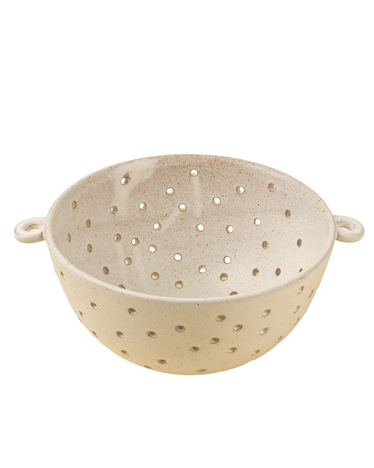 Beige ceramic berry colander with handles by Faire, Riverstone Berry Bowl, perfect for kitchen use.