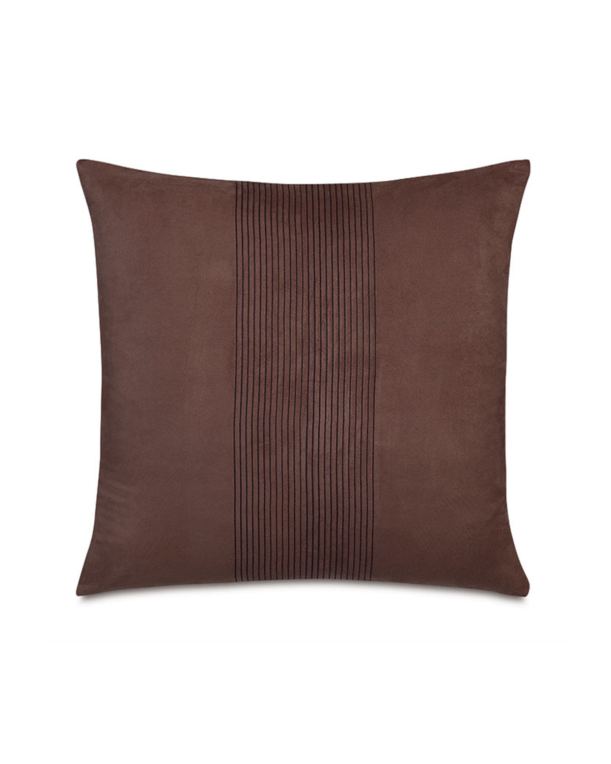 The ROCCO FAUX SUEDE pillow by Eastern Accents is square, brown chestnut vegan suede with a soft, modern look. It features a vertical central stripe accented by multiple narrow black chain-stitched lines.