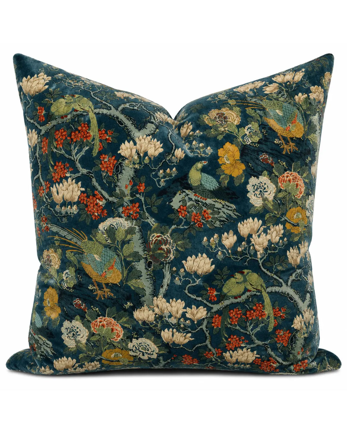 Velvet Rockbird pillow by Bungalow Furniture &amp; Accessories in dark teal velvet with bird and floral print.