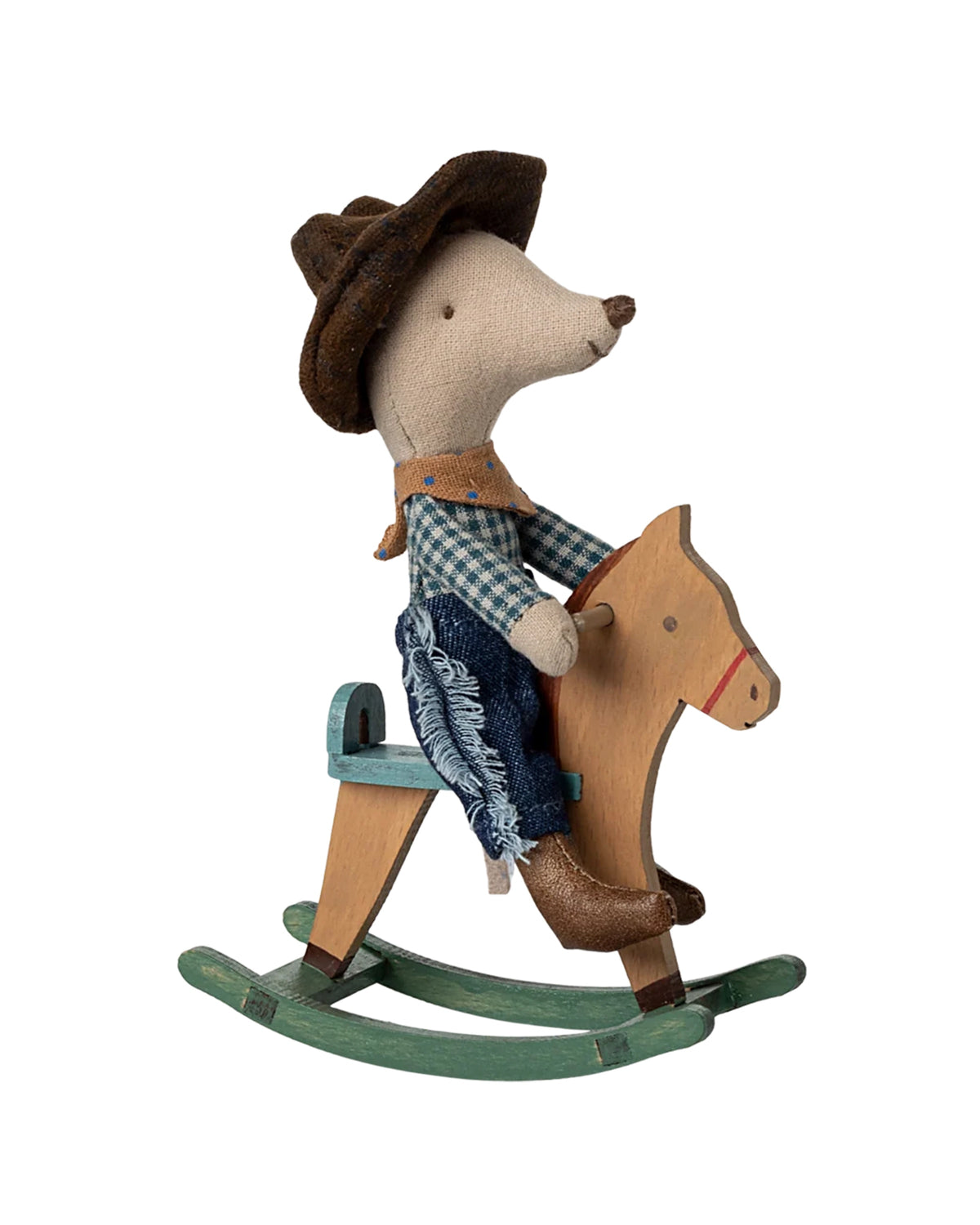 Cowboy Mouse figurine riding wooden rocking horse, Maileg Little Brother, playful nursery decor.