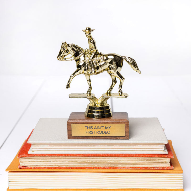 A gold-colored trophy of a cowboy on a horse, mounted on a wooden base with a plaque that reads "THIS AIN'T MY FIRST RODEO," is placed on top of a stack of books with orange and white covers. Perfect for adults in Winston Salem who love to win stuff, the JE Trophy by Faire is an ideal prize.