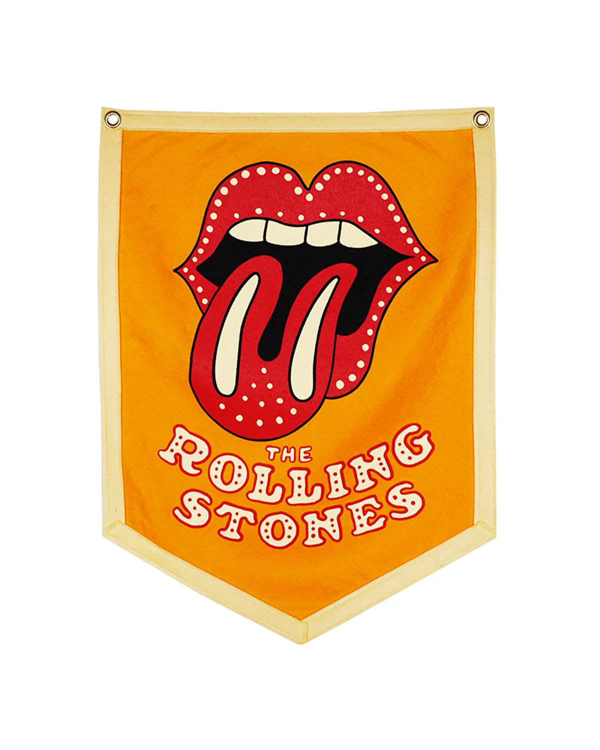 Yellow camp flag featuring The Rolling Stones’ Hot Lips logo and band name; Faire exclusive décor accent.