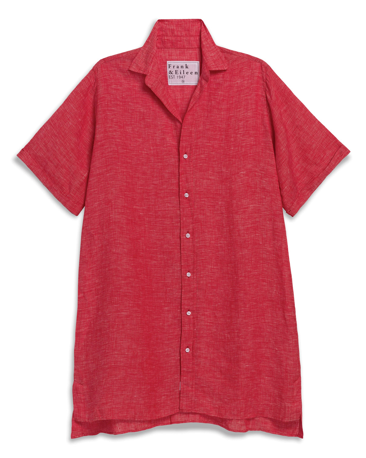 The Rosemary SS Dress by Frank & Eileen is a relaxed-fit, short-sleeve, button-up red linen shirtdress with a collar and a “Frank & Eileen” label sewn inside the neckline.