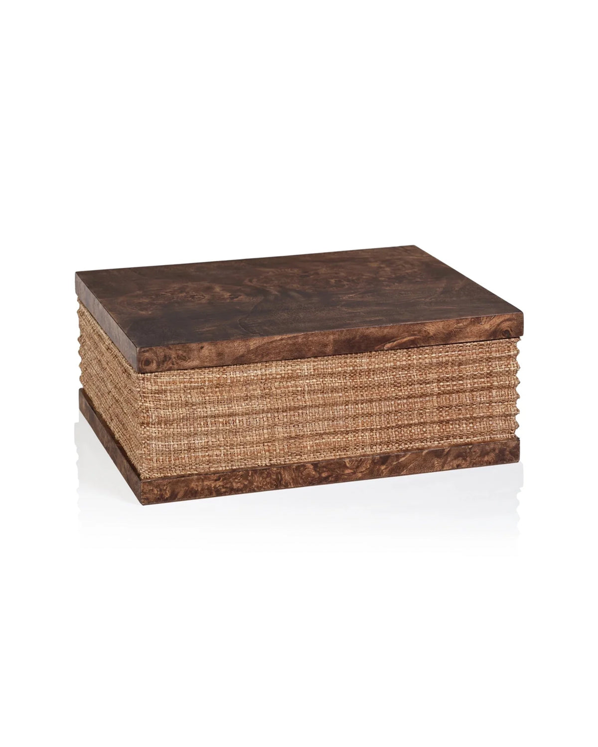 Burlwood &amp; Raffia Box L by Bungalow Furniture &amp; Accessories, a rectangular burl wood box with a dark lid and woven sides.