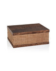 Burlwood & Raffia Box L by Bungalow Furniture & Accessories, a rectangular burl wood box with a dark lid and woven sides.