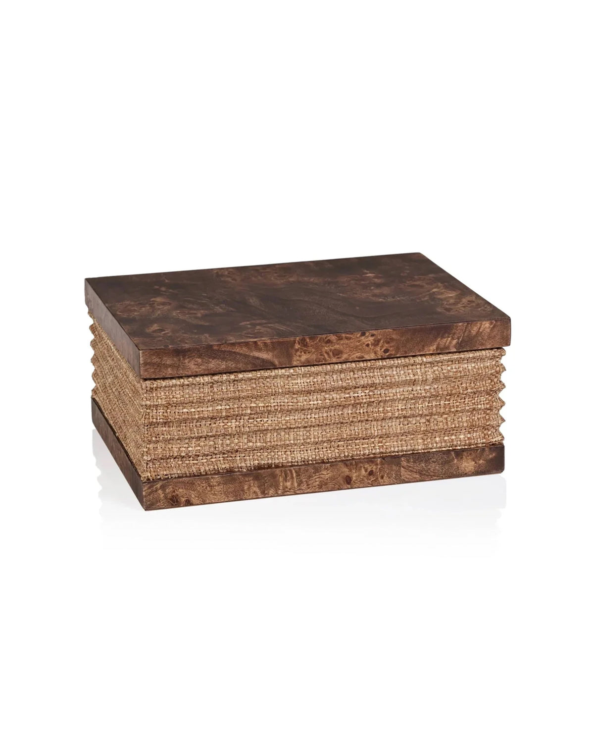 Zodax burlwood and raffia box with a woven center and suede lining.