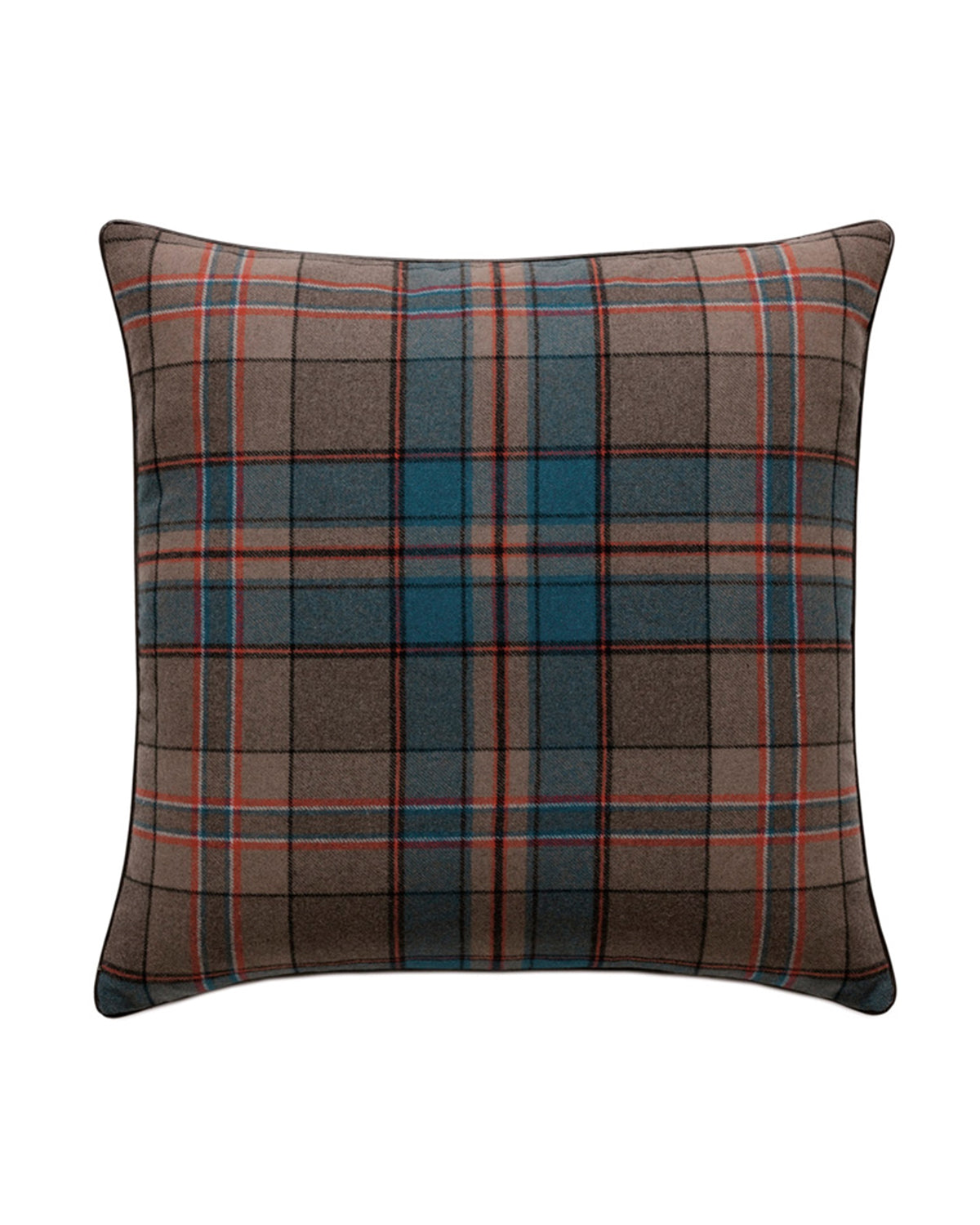 The Rudy Plaid Euro Sham by Eastern Accents features a brown, blue, and red Hamish Toast pattern with intersecting stripes on a solid background, adding timeless charm. Shown against a white backdrop.
