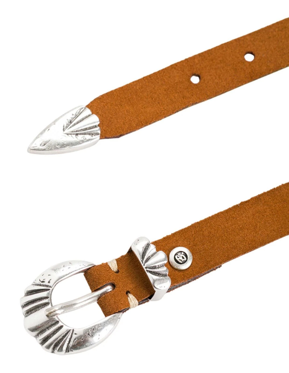 Amber leather belt with etched silver buckle by B.Belt, 20mm wide, classic style, available at Bungalow Furniture.