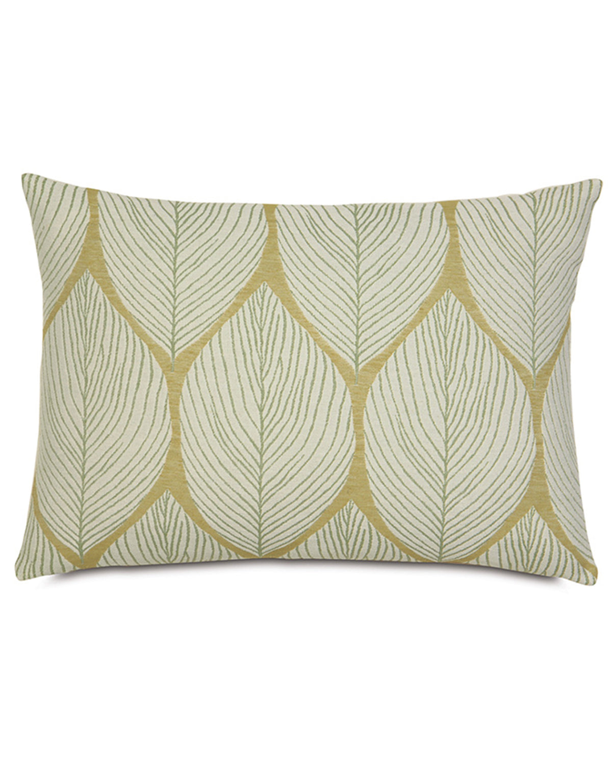 The Sandler Boudoir by Eastern Accents is a rectangular decorative throw pillow featuring a repeating pattern of large, stylized light green botanical leaves on a beige background.