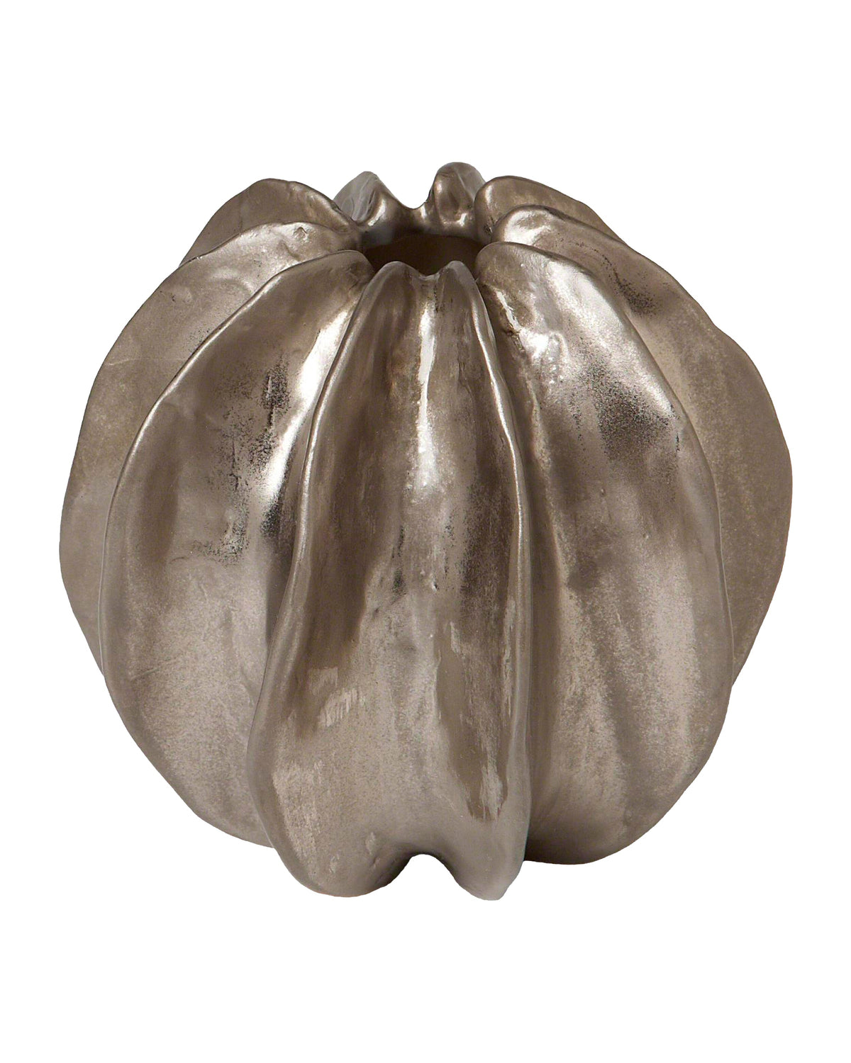 Matte silver pumpkin-shaped ceramic vase with deep ridges by Global Views, Sea Star Vase collection.