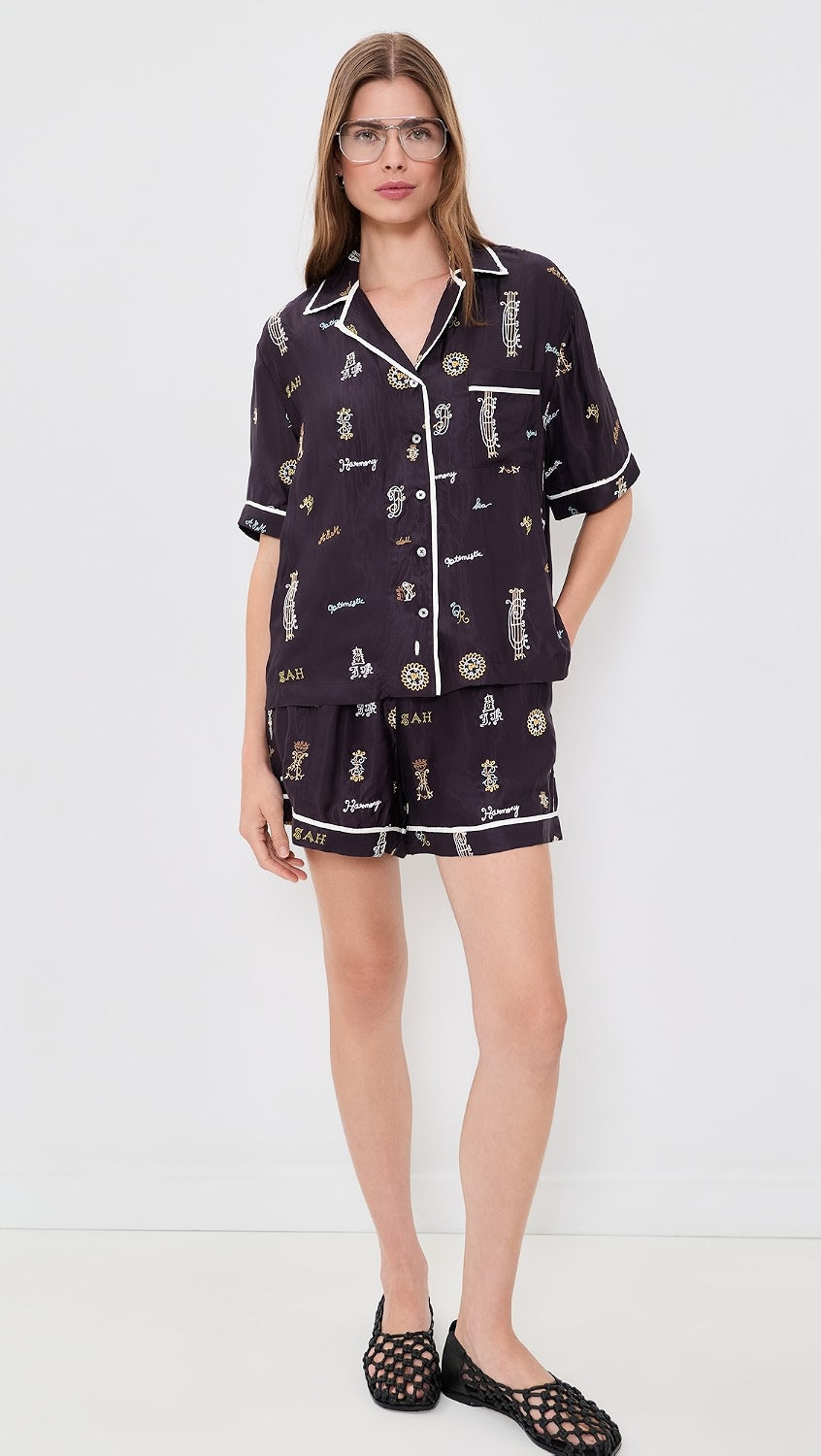 Juliet SS Top and pajama set by Woman in Sea New York with black loafers, relaxed elegant style.
