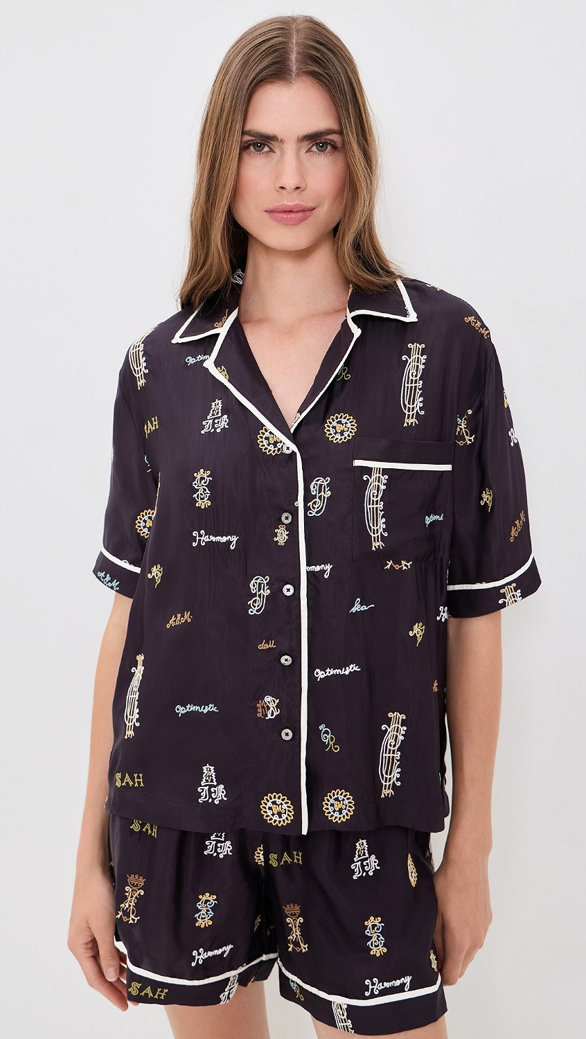 Black pajama set with monogram and embroidery by Sea New York, Juliet SS Top, relaxed and elegant style.