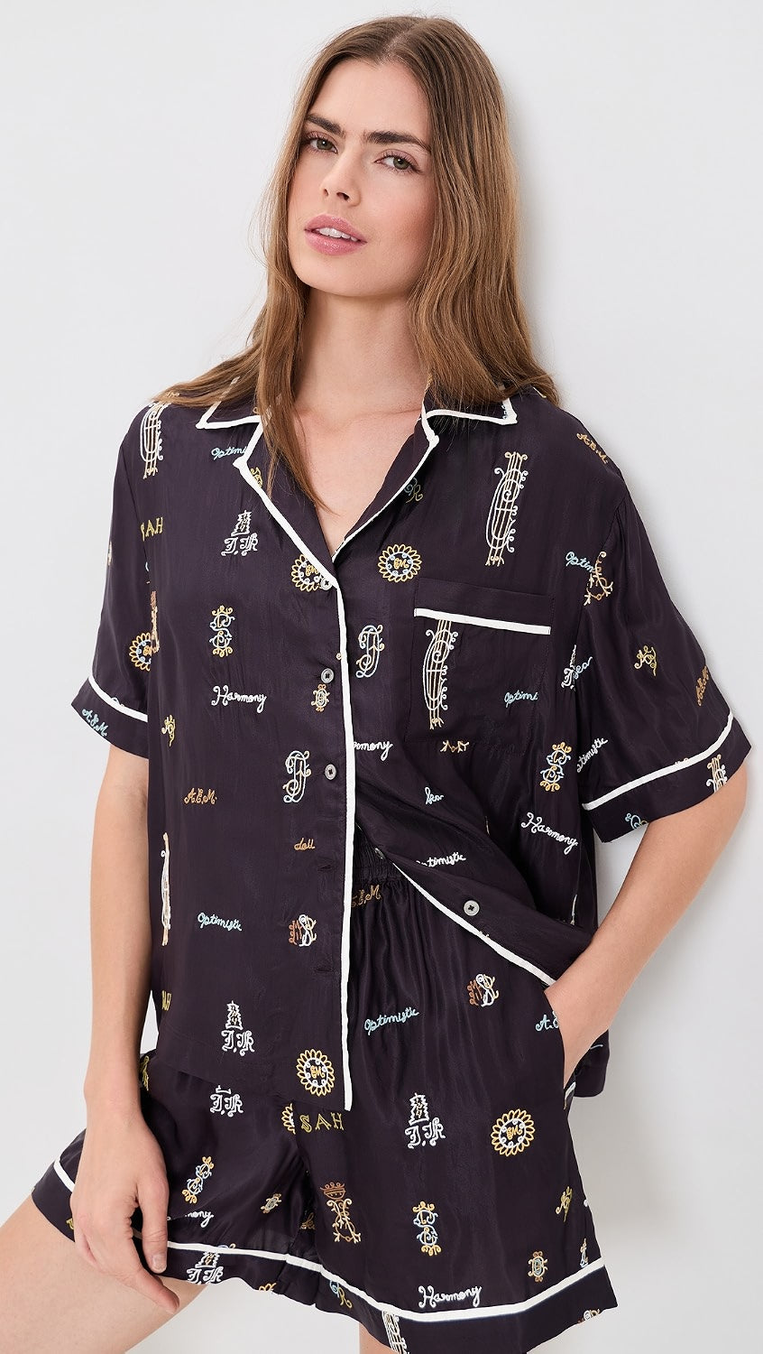 Black PJ set with white trim and monogrammed short sleeves by Sea New York, Juliet SS Top.