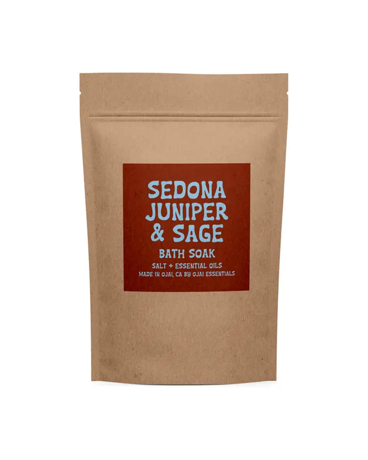 A brown, resealable pouch labeled "Sedona Juniper/Sage Bath Salts" by Faire, featuring salt and essential oils for self-care, is shown on a plain white background.