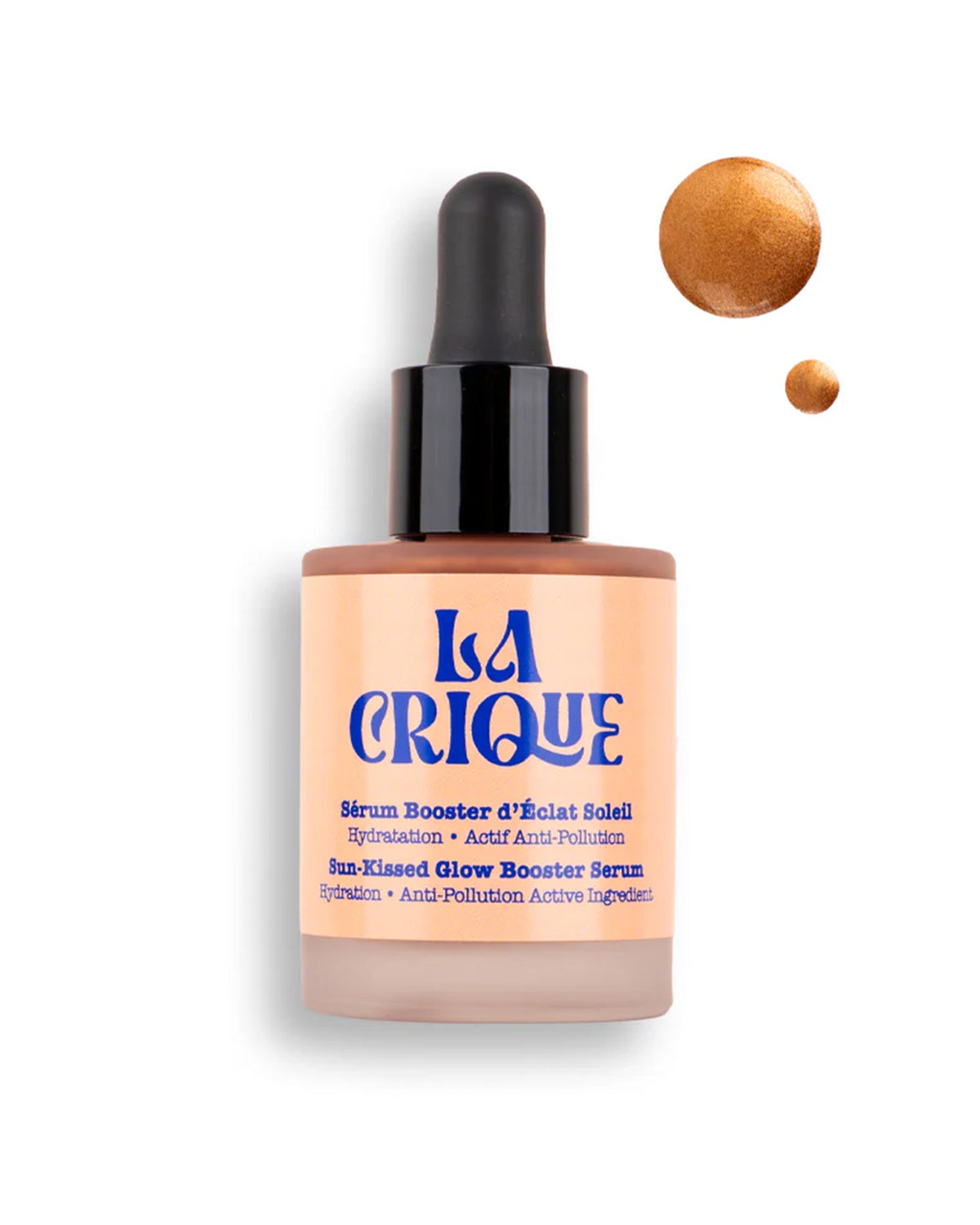A bottle of Faire Natural Bronzing Serum Sun Radiance, featuring a black dropper cap and orange-tinted serum inside, with two drops displayed next to it on a white background.