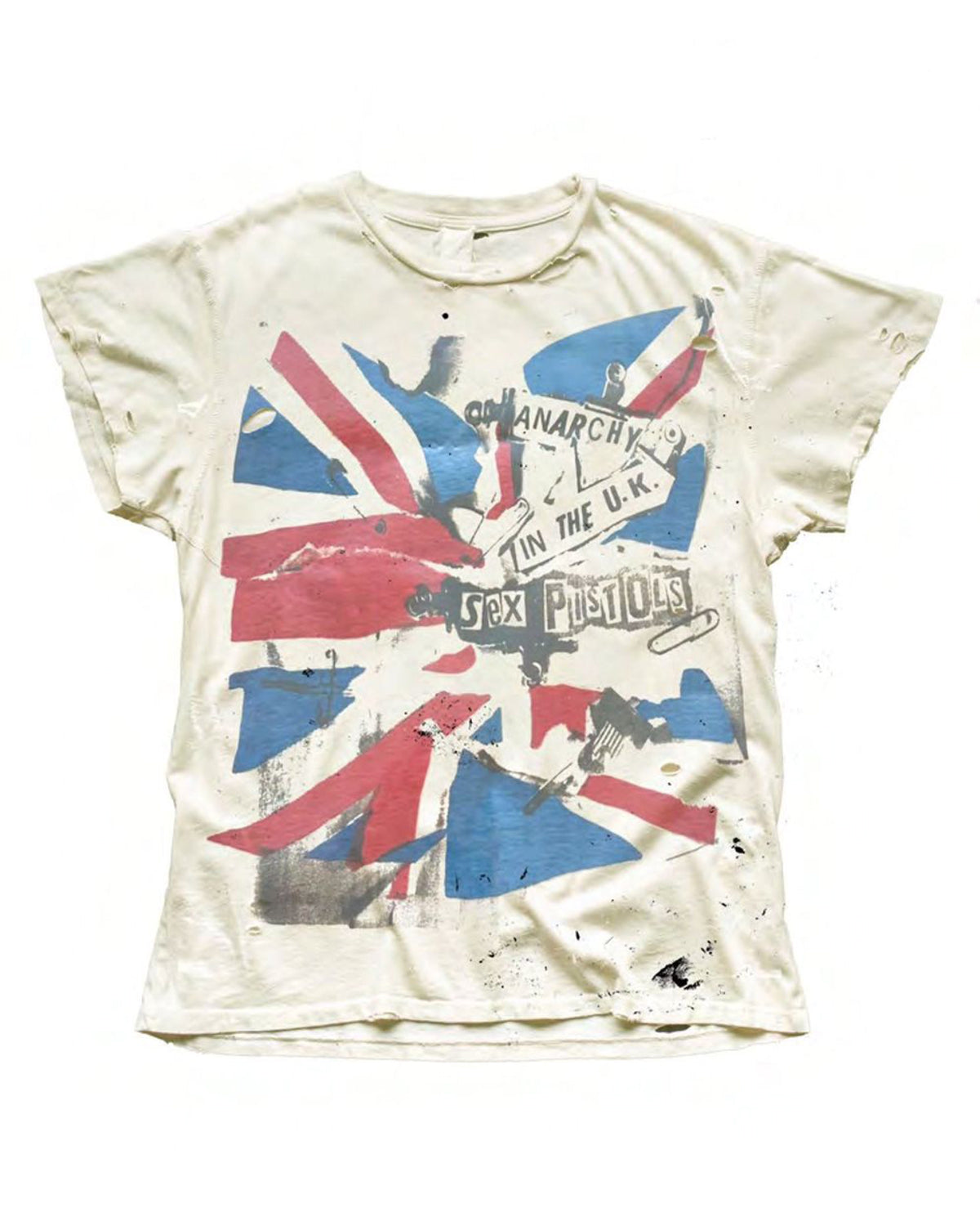Distressed cream crew-neck Sex Pistols Destroyed tee by Made Worn featuring a stylized British flag and Anarchy in the U.K.