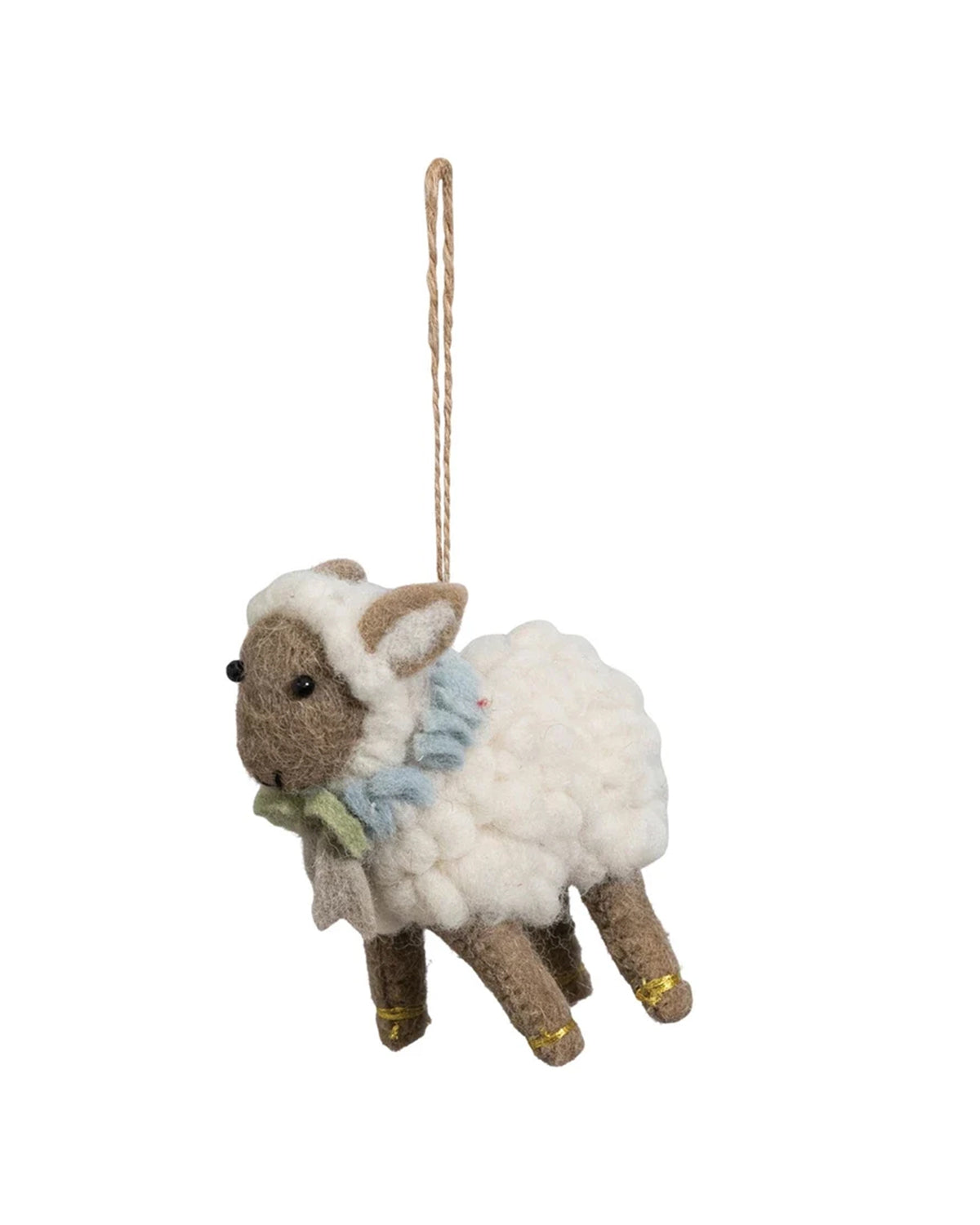 Handmade wool felt sheep ornament by Creative Co-op, featuring a blue and green ruffled scarf and gold-trimmed legs.
