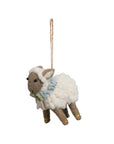 Handmade wool felt sheep ornament by Creative Co-op, featuring a blue and green ruffled scarf and gold-trimmed legs.