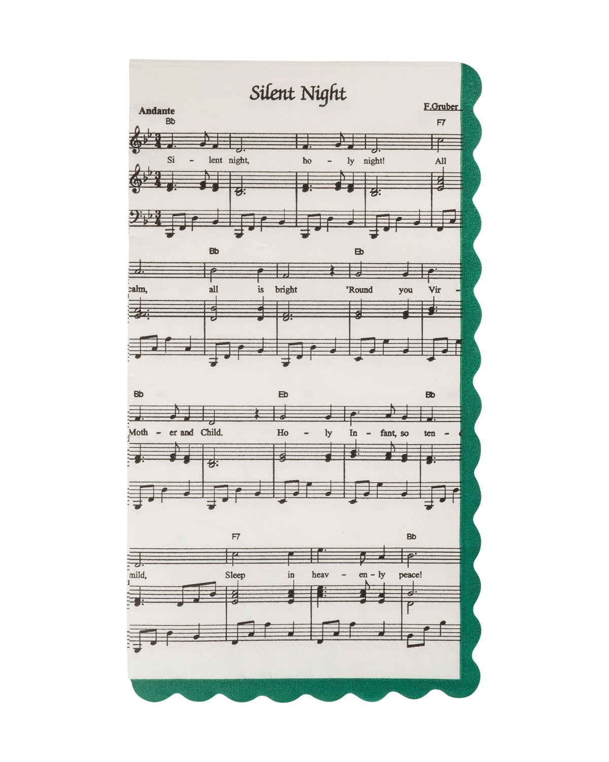 Silent Night sheet music paper dinner napkins with green scalloped edges by Bungalow Furniture & Accessories.