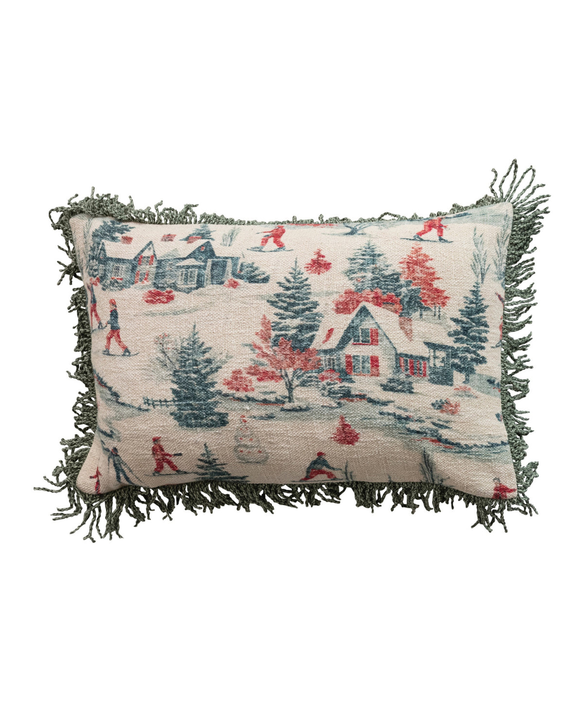 Vintage skiing lumbar pillow by Creative Co-op featuring a red and green winter landscape and fringed edges.