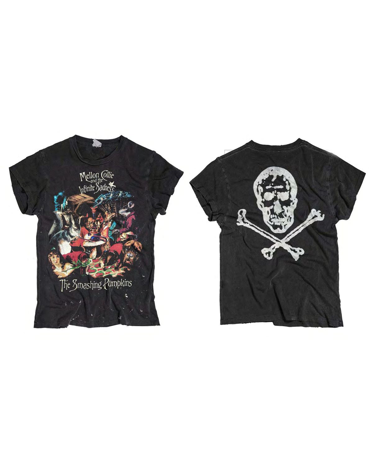 Two black Smashing Pumpkins Tees by Made Worn with colorful front artwork and "Mellon Collie and the Infinite Sadness, The Smashing Pumpkins" text; the back features a bold white skull and crossbones graphic.
