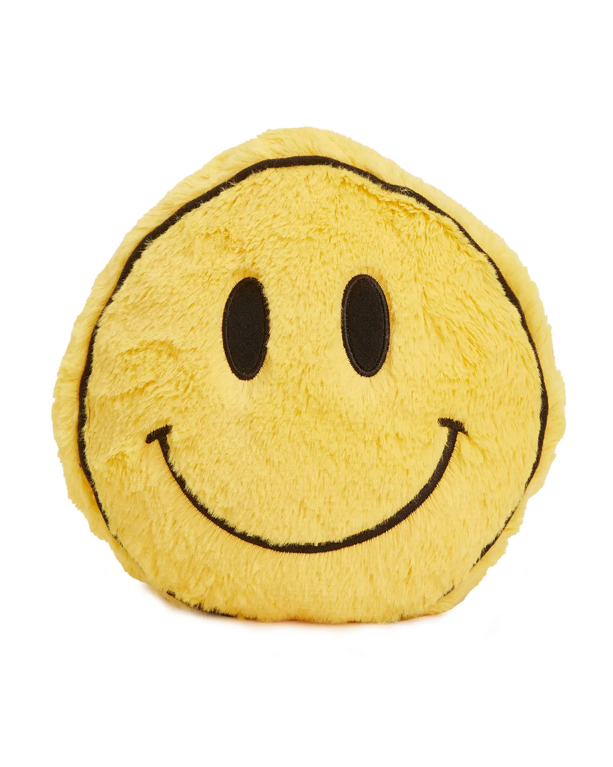 The Faire Smiley Face Warmies is a yellow, plush pillow with black oval eyes and a wide smile that can be microwaved for soothing warmth and comfort whenever you need it.