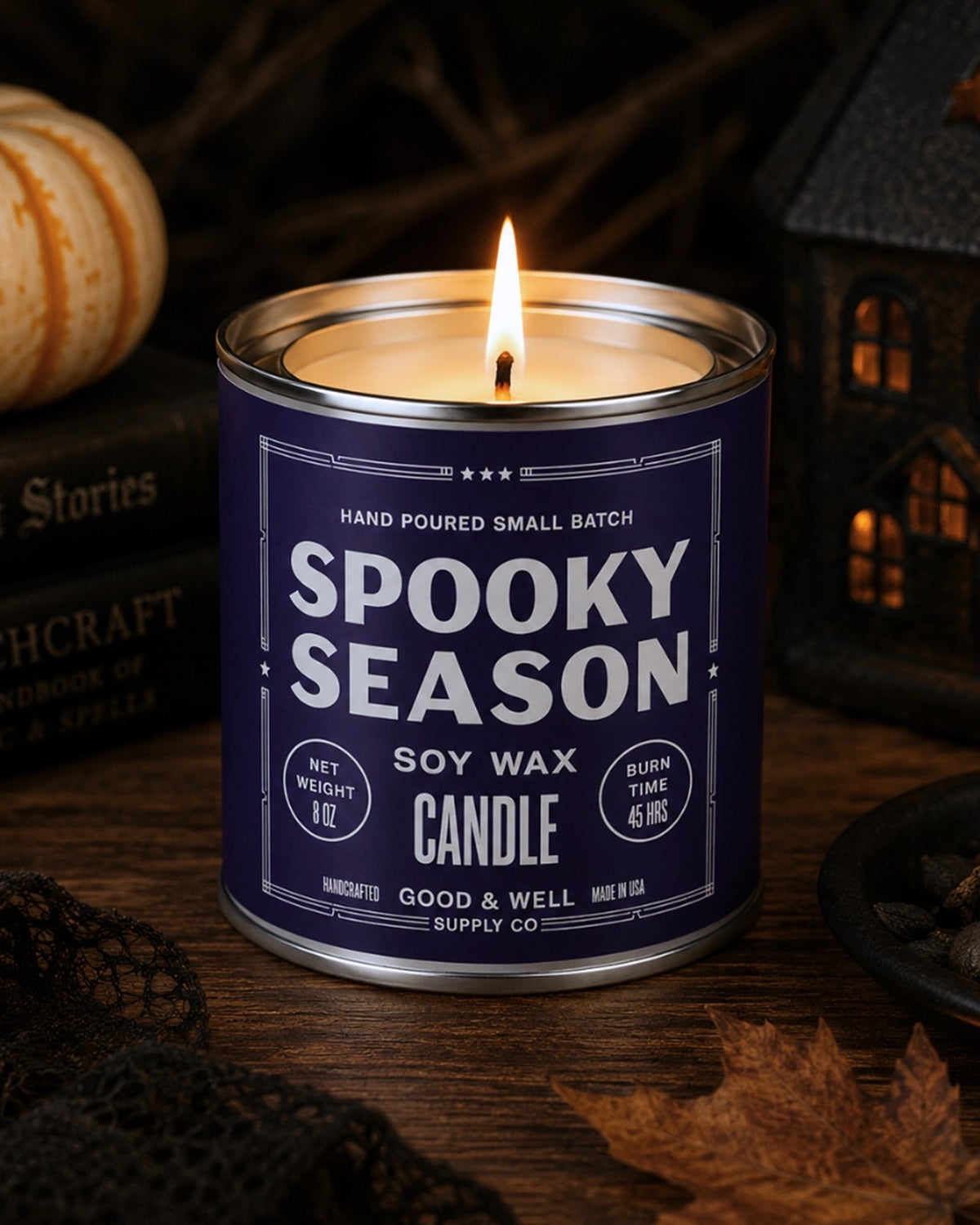 Spooky Season Soy Candle by Faire on a festive Halloween-themed table, perfect for seasonal home décor.