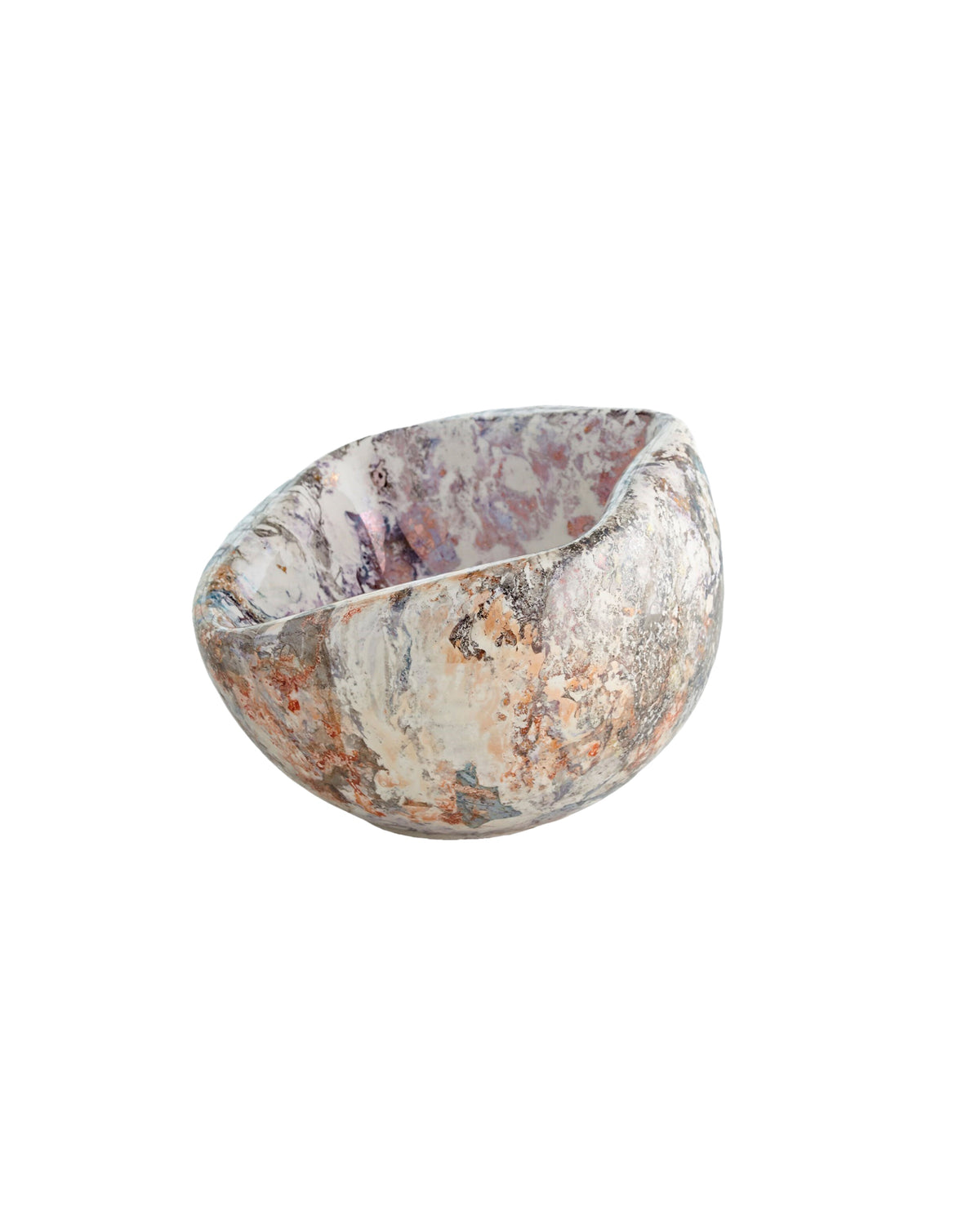 Colorful marbled ceramic bowl by Global Views, Squished Bowl S, handmade in Italy with a reactive glaze.