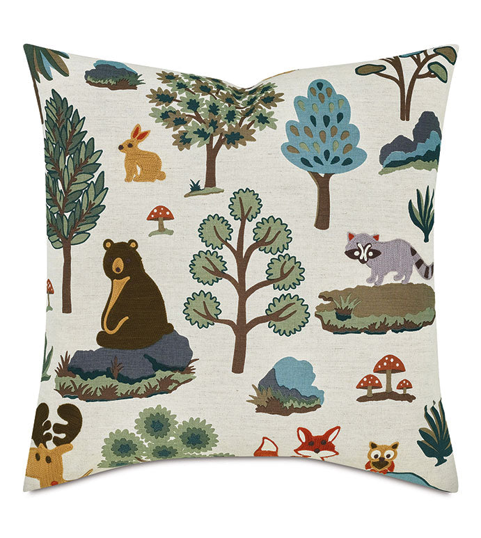 24x24 Thoreau Forest decorative pillow by Bungalow Furniture &amp; Accessories featuring embroidered woodland animals.