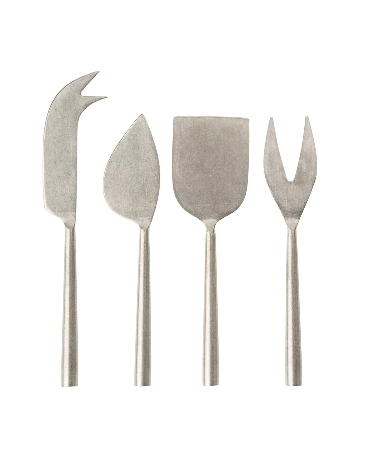 The Indaba Tides Cheese Knives S/4 Stainless features four uniquely shaped, hand-forged stainless steel cheese knives displayed in a row on a white background.
