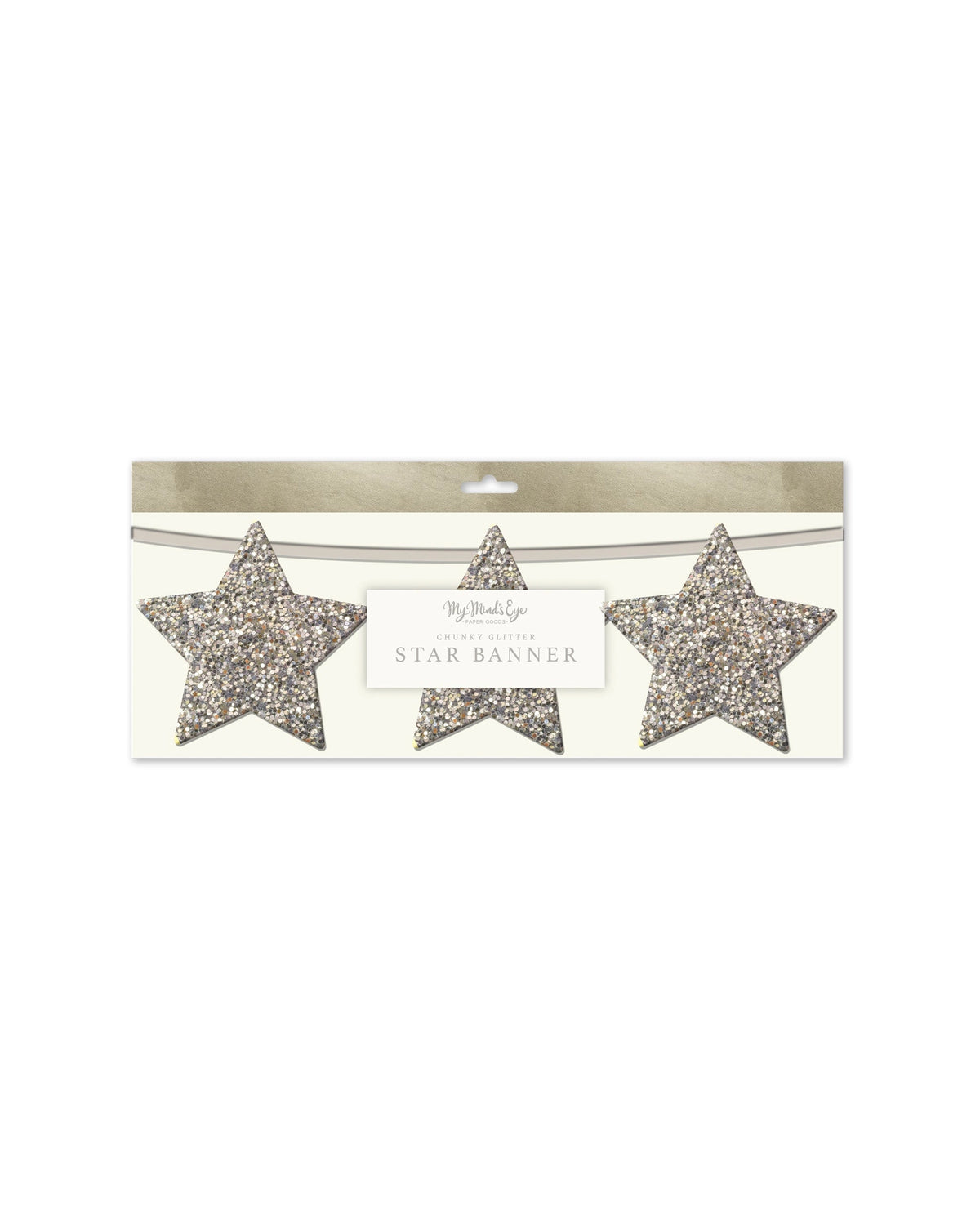 Chunky silver glitter stars from the Chunky Silver Glitter Star Banner on a ribbon in packaging.