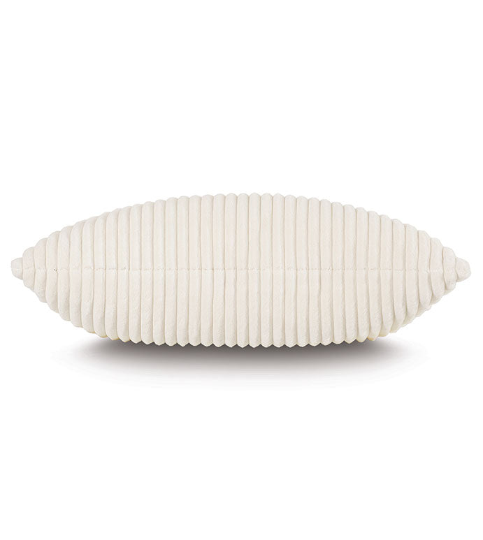 The Bishop Corduroy 20x27 pillow by Eastern Accents is white, oval-shaped with a horizontal ribbed texture and invisible zipper closure, shown from the side against a plain white background.