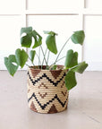 A lush Monstera sits in Faire’s Ruzizi Storage Plant Basket, handmade with beige, brown, and black zigzag patterns, placed on a light floor against a white wall.