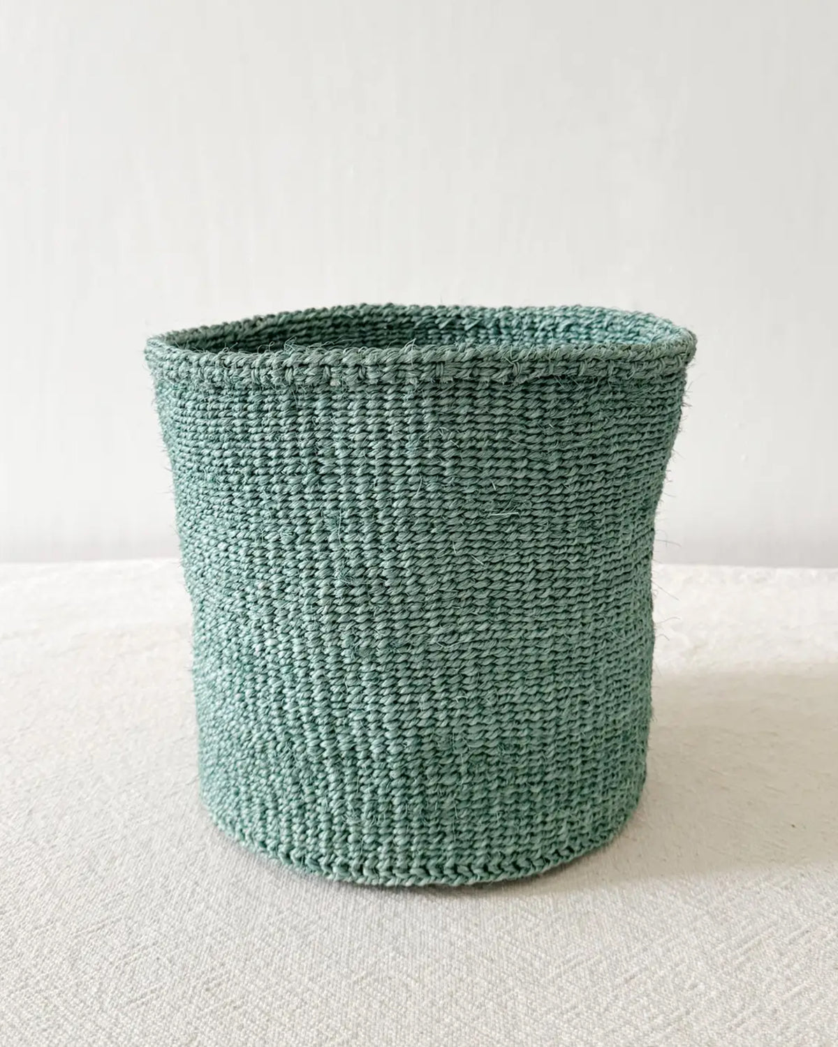 The Faire Storage Plant Basket: Eucalyptus is a round, light green sisal woven basket with a slightly uneven rim, shown on a textured surface against a plain white background.