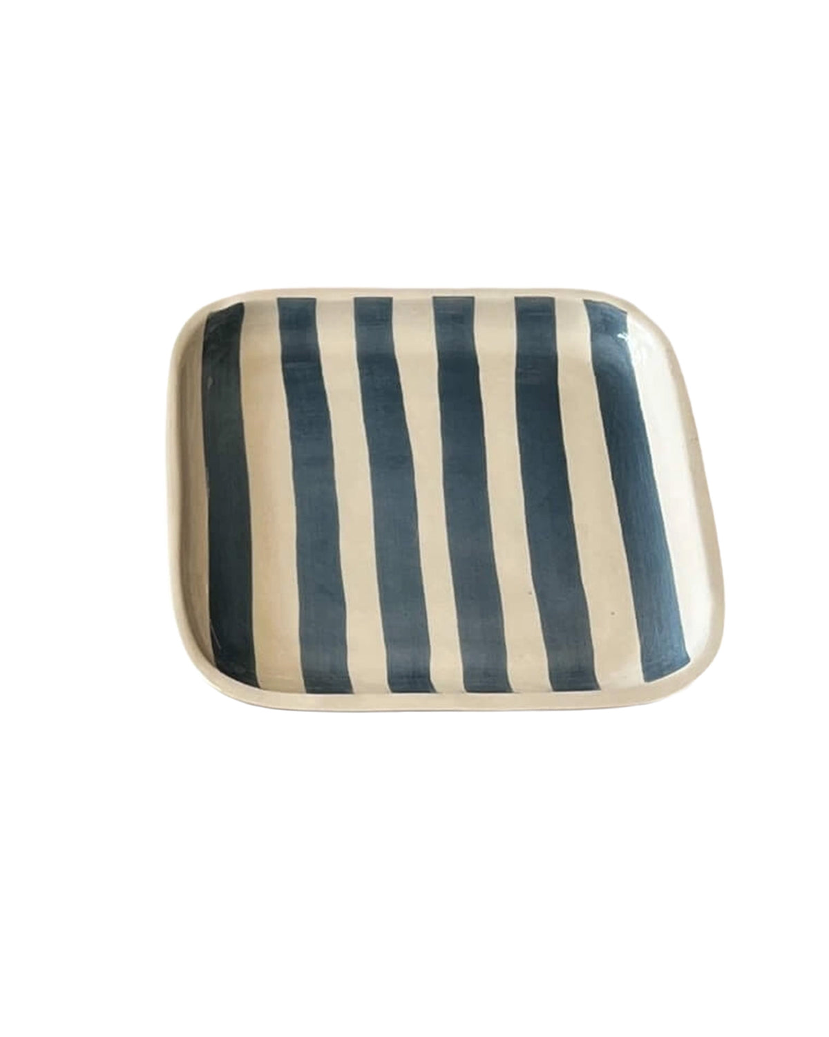Rectangular ceramic plate with blue and white stripes by Faire, hand-painted Moroccan style.