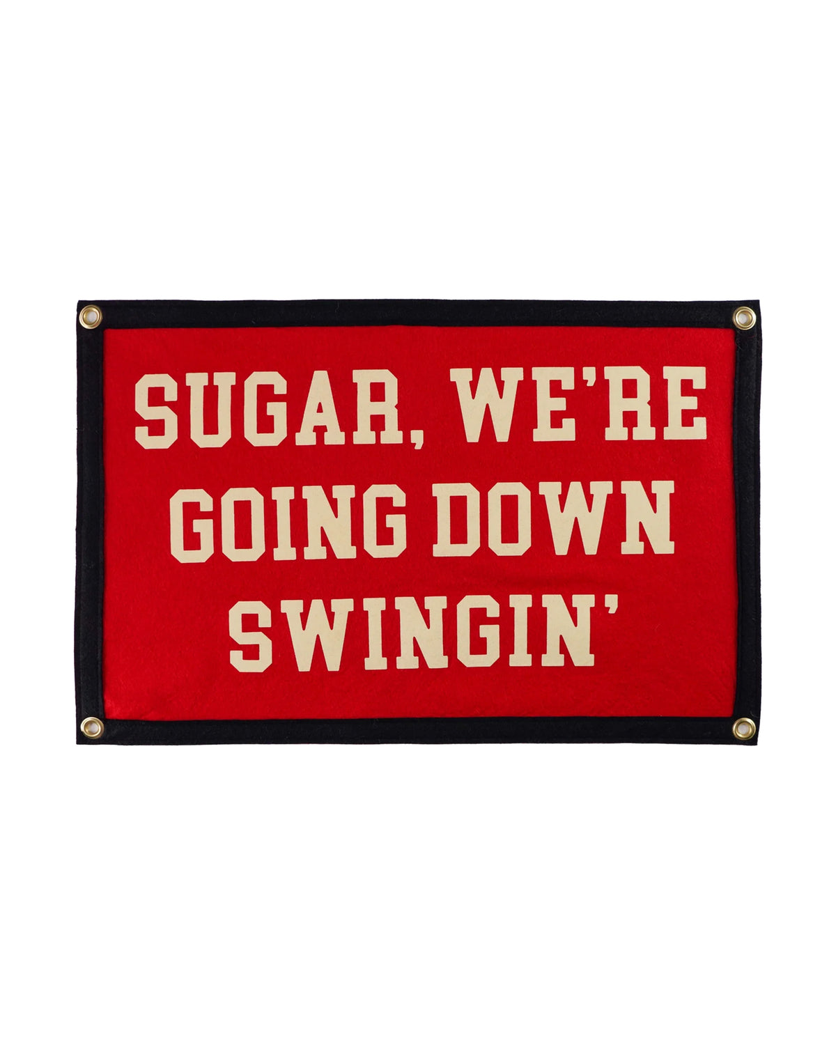 Red camp flag with cream text, inspired by Fall Out Boy, from Faire at Bungalow Furniture &amp; Accessories.
