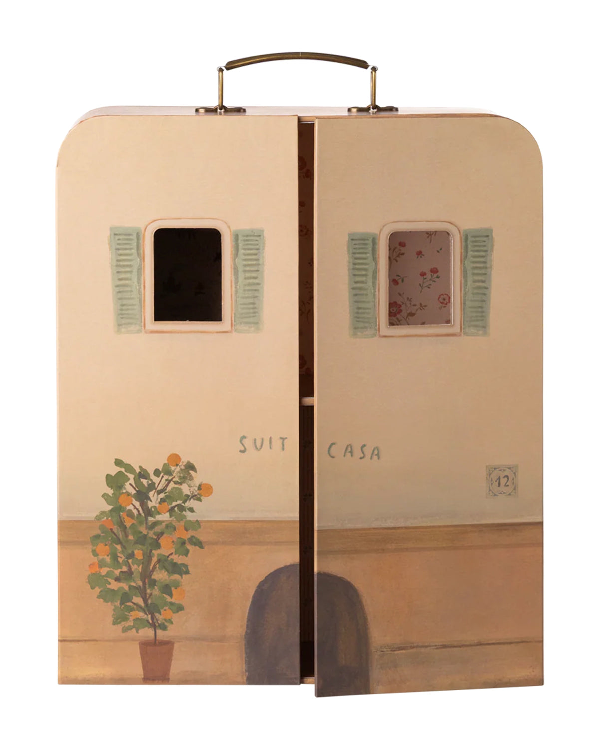 The Maileg SuitCasa Little Sis & Bro by Maileg is a charming suitcase mouse house with a house facade, blue shutters, painted flowers, and opening doors that reveal a patterned interior—perfect for portable adventures or toy accessories.