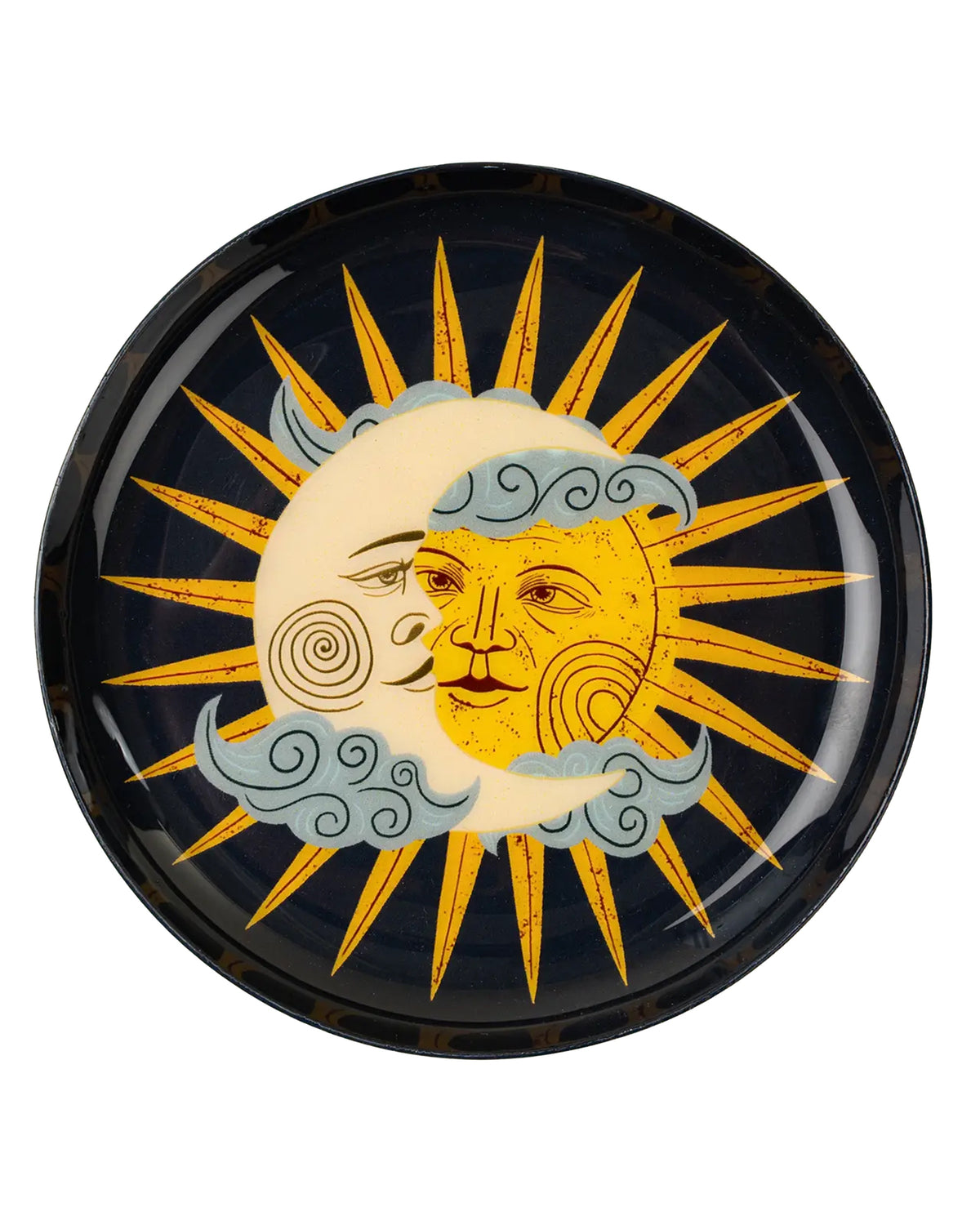 The Indaba Sun and Moon Tray features a yellow sun with a face partly covered by a crescent moon, both set among blue clouds on a dark background—a unique accent decor piece.