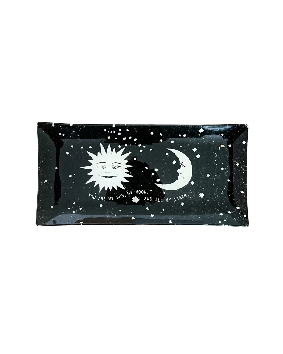 Black celestial-themed tray by Sugarboo Designs, My Sun My Moon Rec Plate, perfect for jewelry or decor displays.