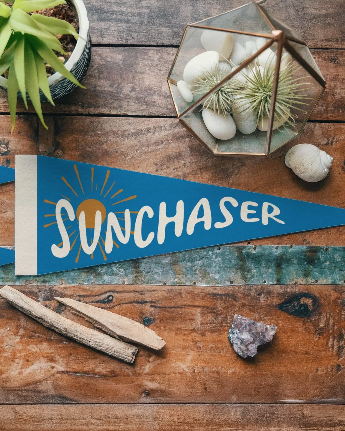 The "Sunchaser" Felt Pennant by Faire, featuring a sun design, sits on a rustic wood table next to coastal decor—a succulent, glass terrarium with shells and air plants, driftwood, and a purple crystal.
