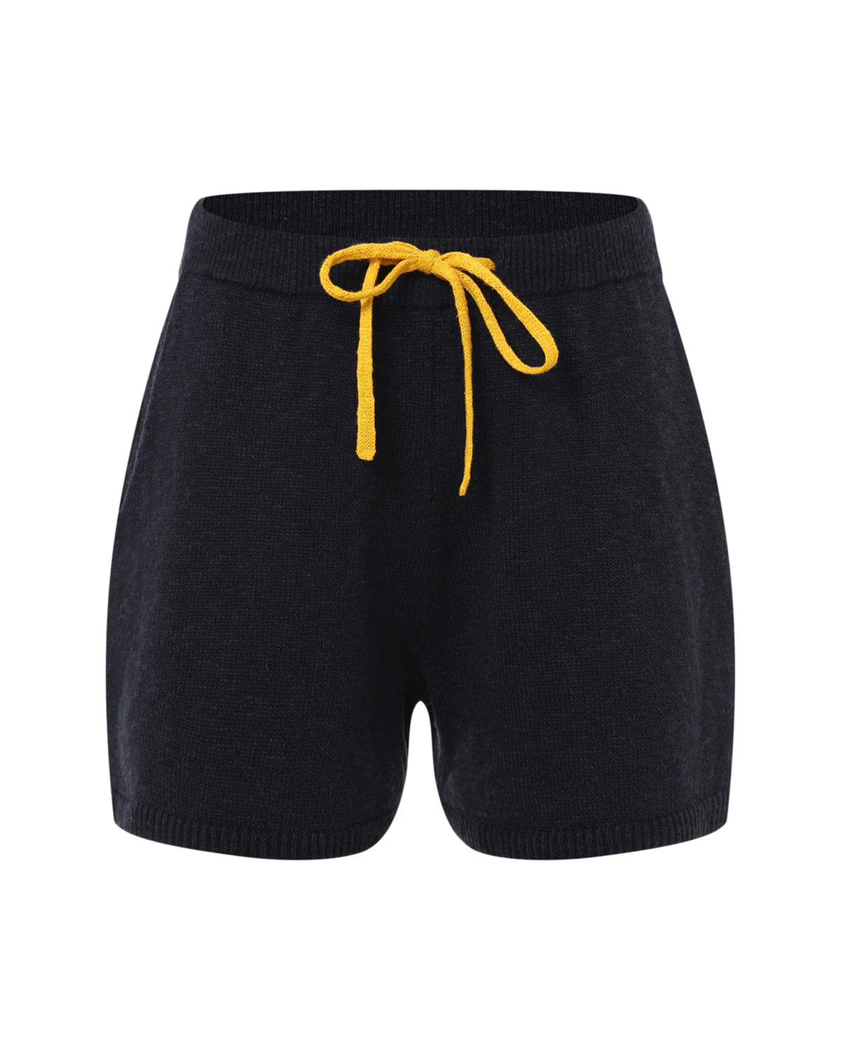 The Sunrise Short by One Grey Day features a black knit design with a bright yellow drawstring, elastic waistband, and subtle rolled hem for extra style.