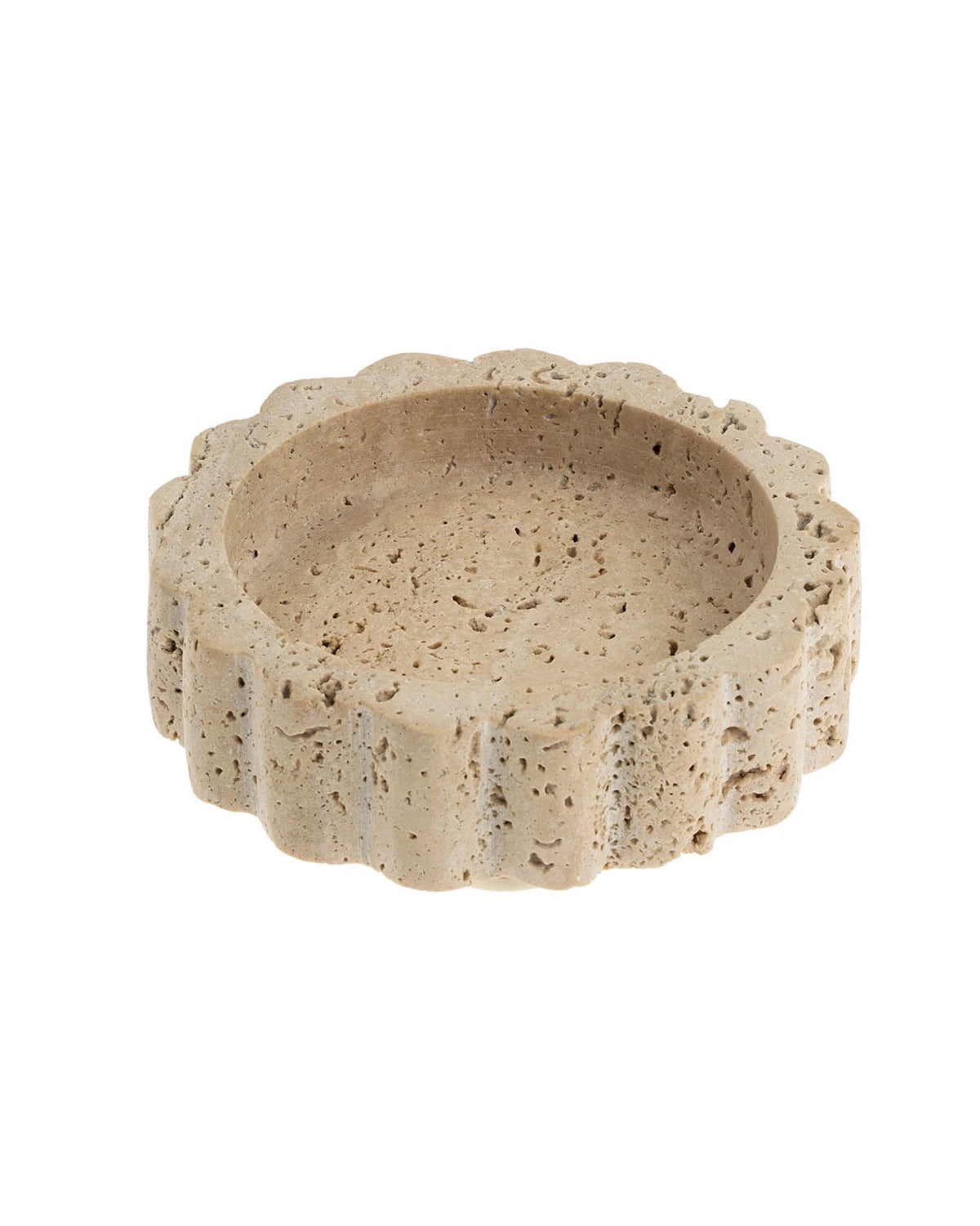 Small scalloped plate with textured, porous travertine finish by Indaba, perfect for decorative tabletops.